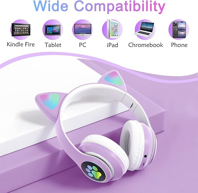 Bluetooth Headphones for Kids, Cute Ear LED Light Up Foldable Headphones Stereo Over Ear with Microphone/TF Card Wireless Headphone for iPhone/iPad