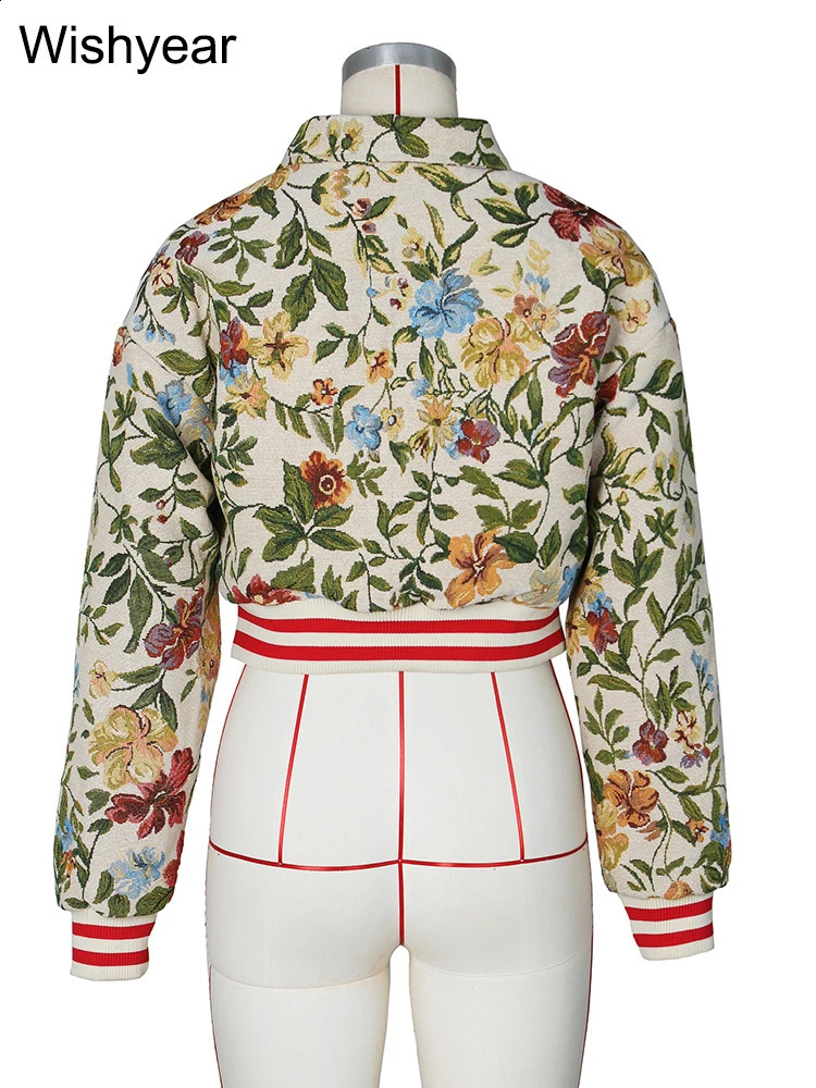 Harajuku Autumn Flower Print Coat Crop Tops Women Lapel Long Sleeve Button Baseball Jacket Winter Warm Outerwear Streetwear y2k 241218
