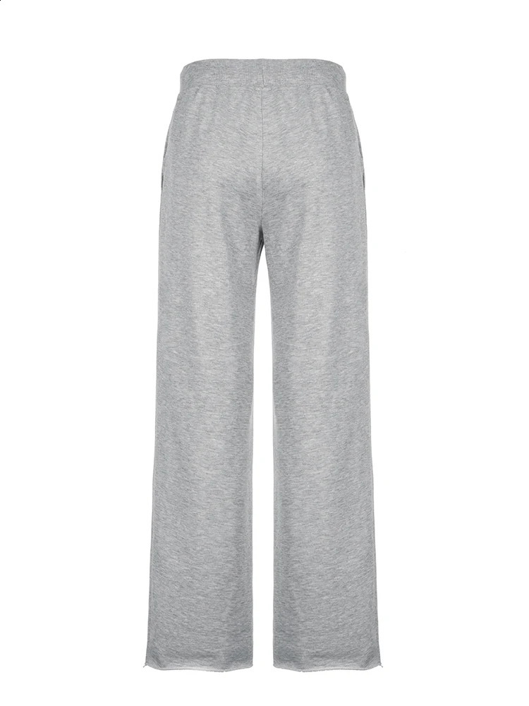 Pockets Drawstring High Waist Casual Loose Sweatpants For Women Gray Solid Basic Simple Straight Leg Pants Jogging Trousers 241223