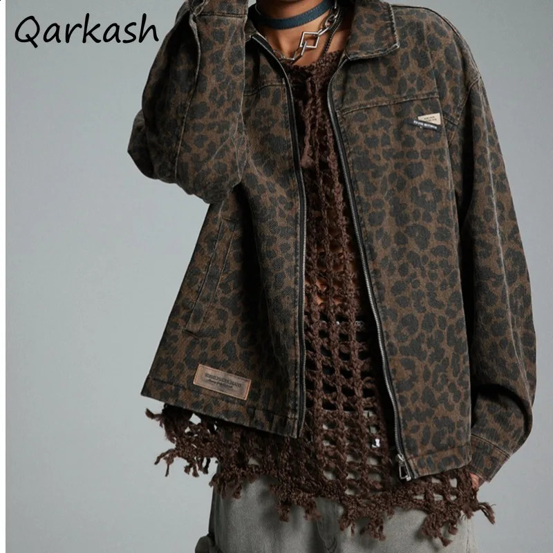Women Jackets Denim Zipper American Style Leopard Print Tops Autumn Temperament Unisex Coats Street Vitality Personality 241223