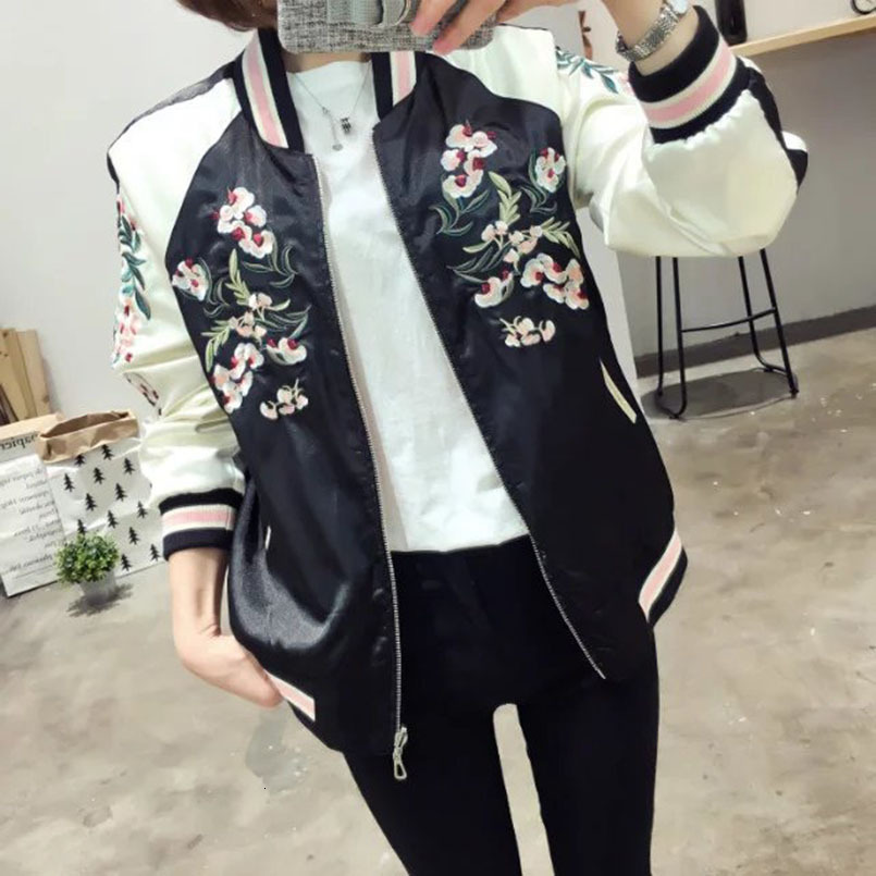 Women's Satin Embroidered Bomber Baseball Jacket Double Sided Female Coat Autumn Japanese Silk Girls