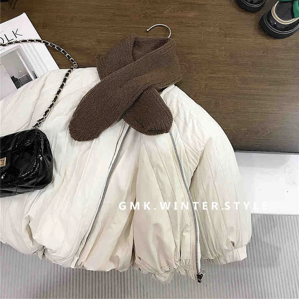 Winter Children Girls Parkas Cotton Padded Zipper Infant Babys Girl Outerwear Bubble Sleeve Toddler Girl Jacket Solid Knit Scarf 241223