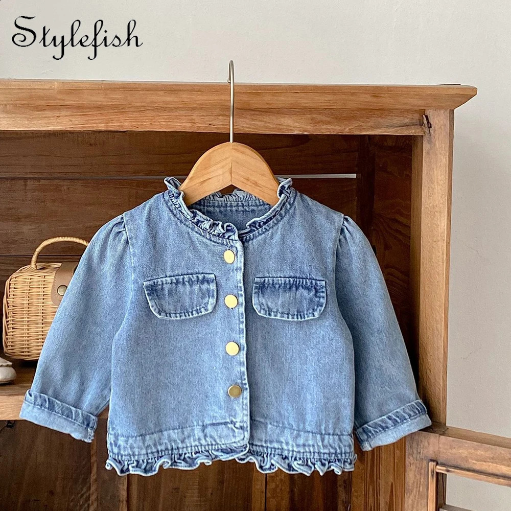 Autumn style 0-3 years old baby clothing baby girl fungus collar denim long-sleeved coat girls cardigan fashion coat 241223