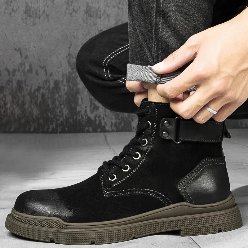 winter mens boots with lace up fur and velvet denim ankle boots style mens thick soled Nubuck leather outdoor boots 241223