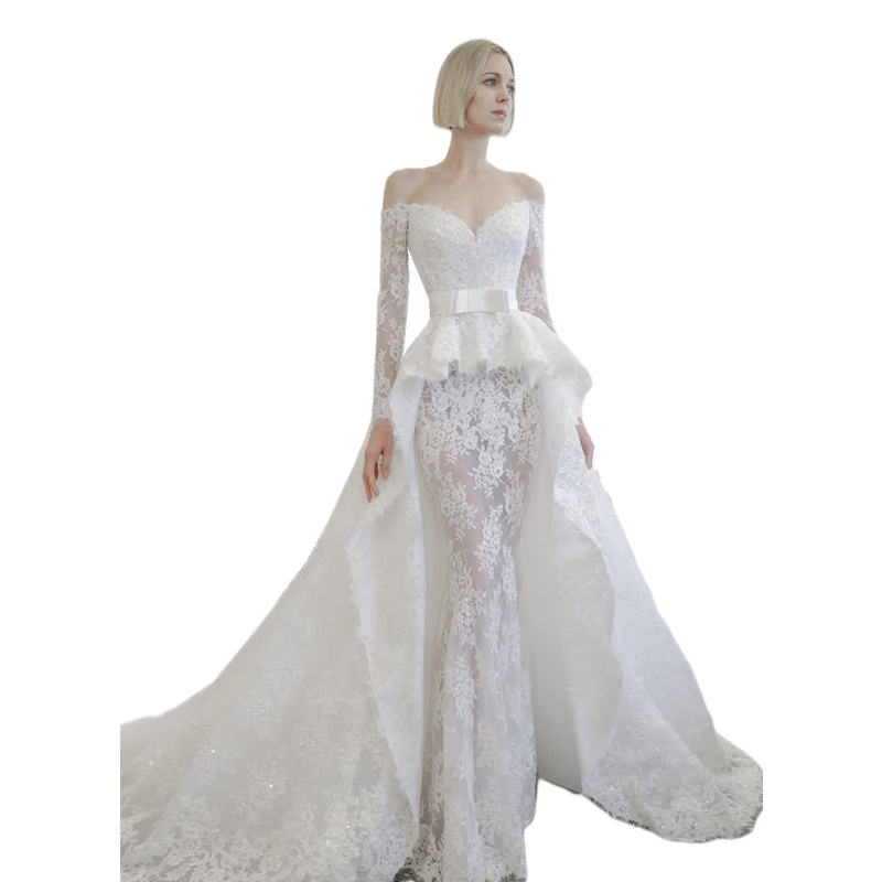 2 In I Lace Mermaid Wedding Dresses With Detachable Skirt Off Shoulder Long Sleeves Boho Beach Bridal Gowns Back Lace-up Modern Strapless 2025 Country