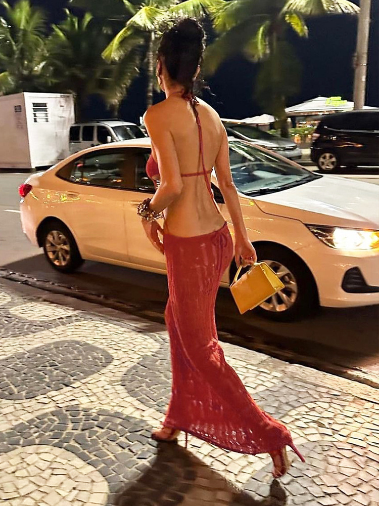 Women Sexy Hallow Out Halter Backless Knitted Long Dress Party Club Streetwear Bodycon Dresses Chic Bandage See-through Vestidos