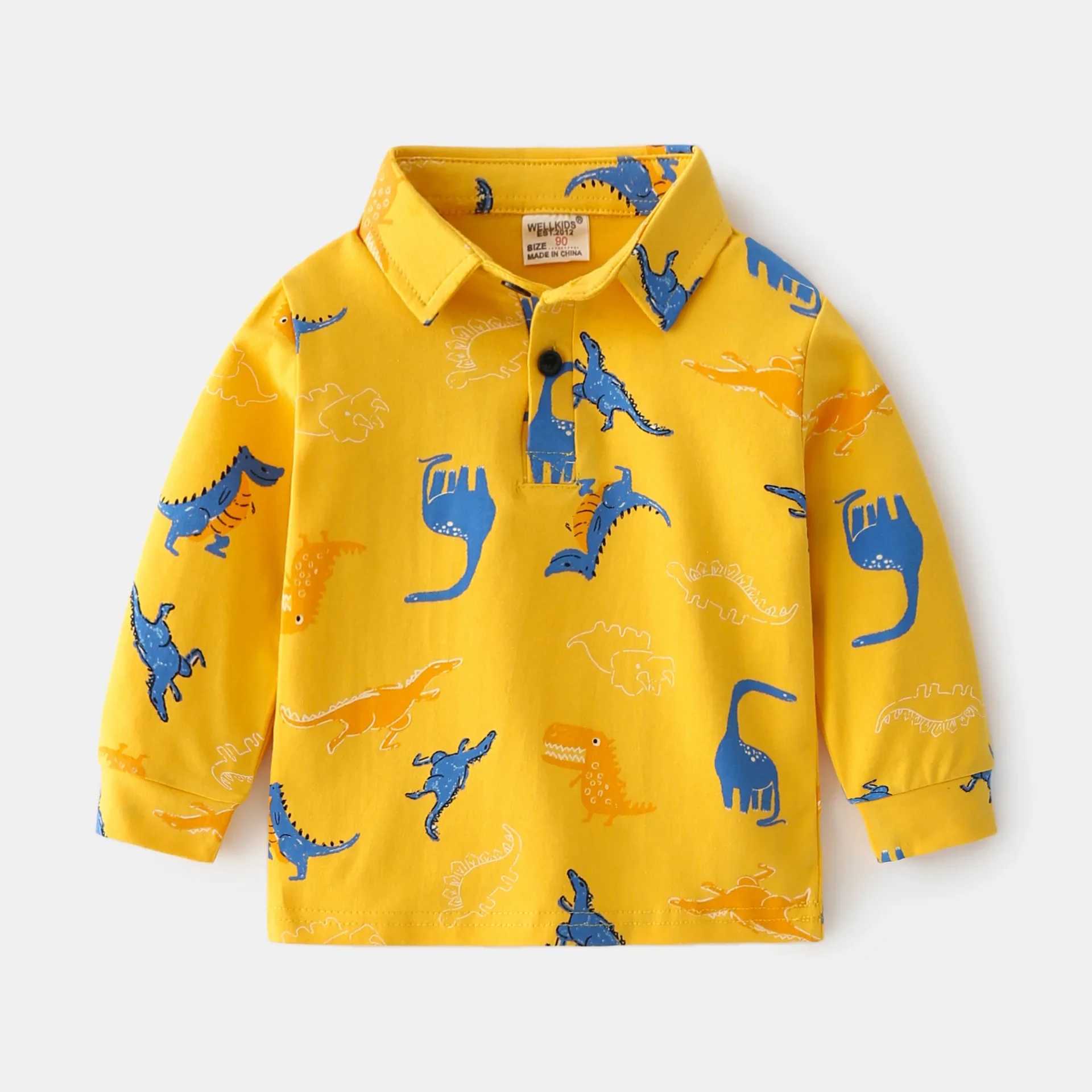 Boys polo shirt with dinosaur print for autumn and spring childrens casual wear for 3 4 5 6 7 8 and 9 years old cotton long sleeved top for children W