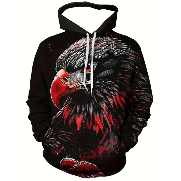Men's casual 3D eagle print pullover, long sleeved, drawstring hat, with pockets, fashionable outdoor wear