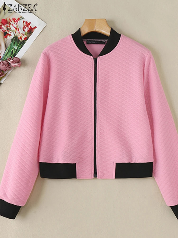 ZANZEA Women Pattern Jacket Autumn Long Sleeve Short Coats Vintage Zipper Round Neck Outwears Casual Loose Baseball 241218