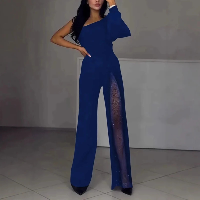 Sexy One-shoulder Backless Party Jumpsuit Women Spring Elegant High Waist Straight Romper Fall Hollow Mesh Flare Pants Playsuits 241224