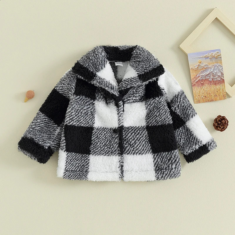 Children Plaid Plush Jacket For Baby Boys Girls Fall Winter Long Sleeve Button Cardigan Coat Outerwear Fleece Cardigan Clothing 241223