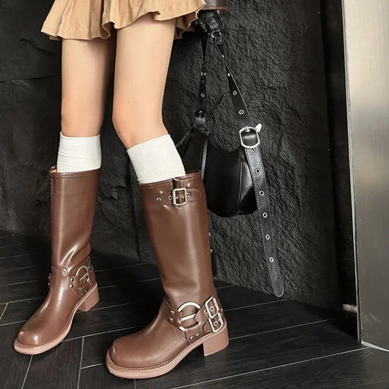 JOZHATA Size 34-42 Retro Western Womens Genuine Leather Knee High Boots Thick High Heels Autumn Winter Womens Shoes Retro 241223