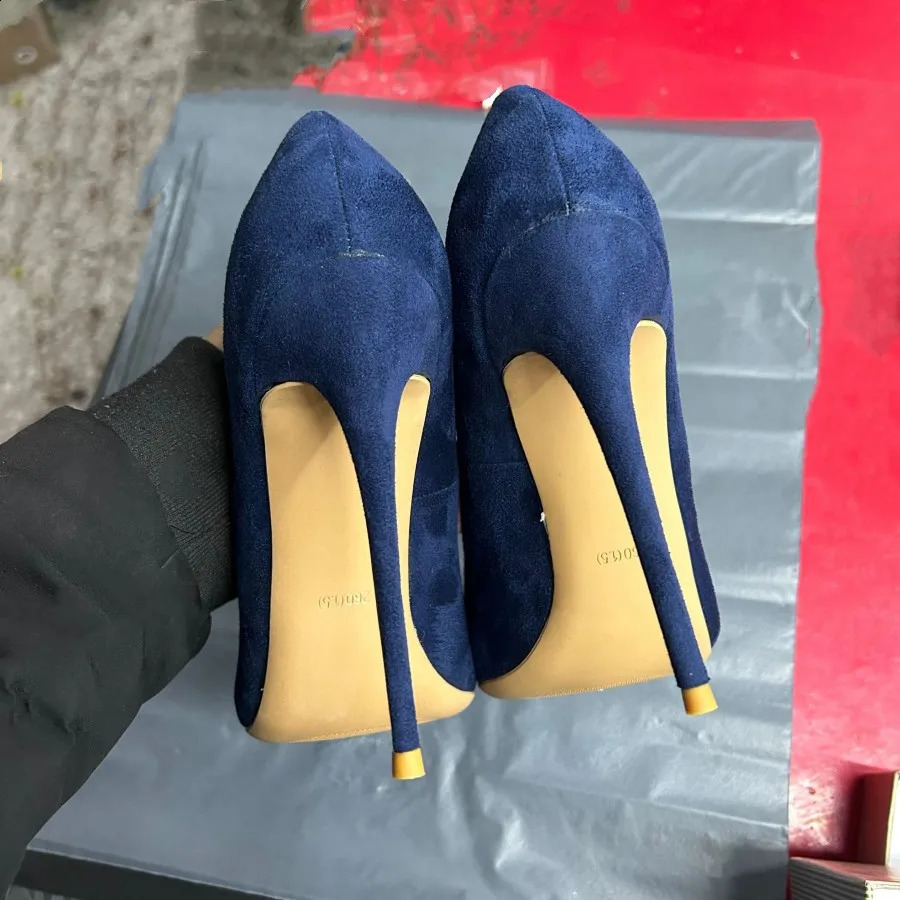 Navy Blue Womens Synthetic Suede High Heels with Lace Slip on OL Womens Stiletto Pump 8 10 12cm Fashion Wedding Shoes 241223