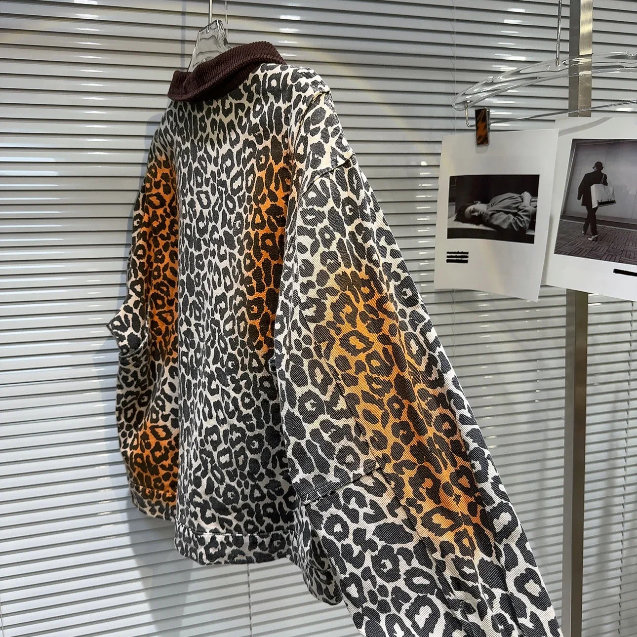 Autumn American Sexy Velvet POLO Collar Leopard Print Denim Jacket Street Hipster Long Sleeve Loose Jacket Women 241223