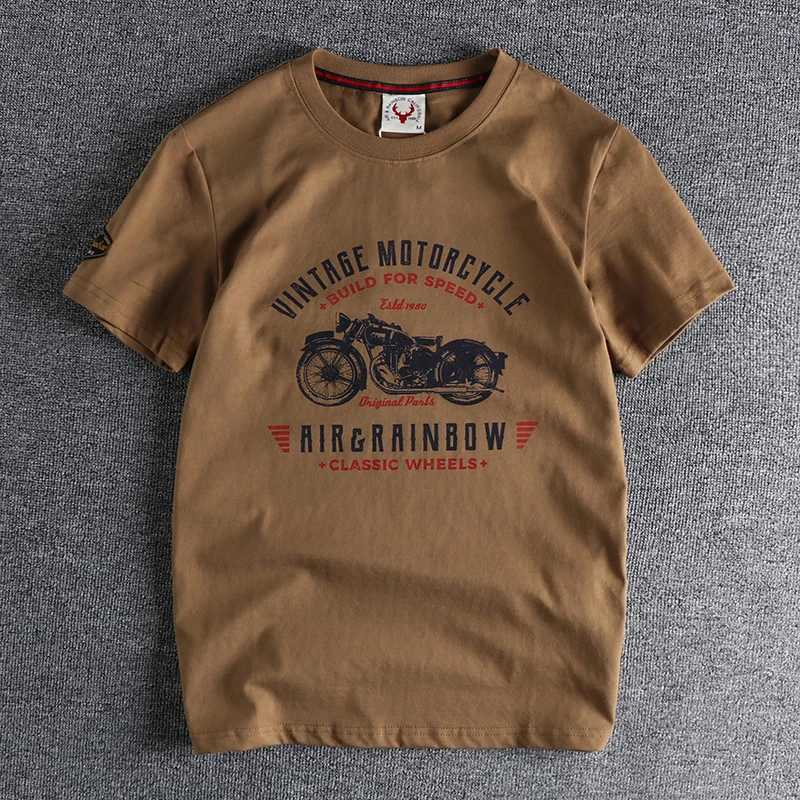 Summer American retro short sleeved O-neck motorcycle printed T-shirt for men fashionable and simple 100% pure cotton wash casual sports top W241223