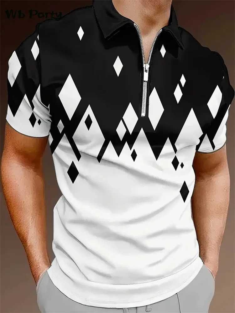 Geometric print mens clothing design mens lapel short sleeved T-shirt mens simple mens clothing 2024 top W241223
