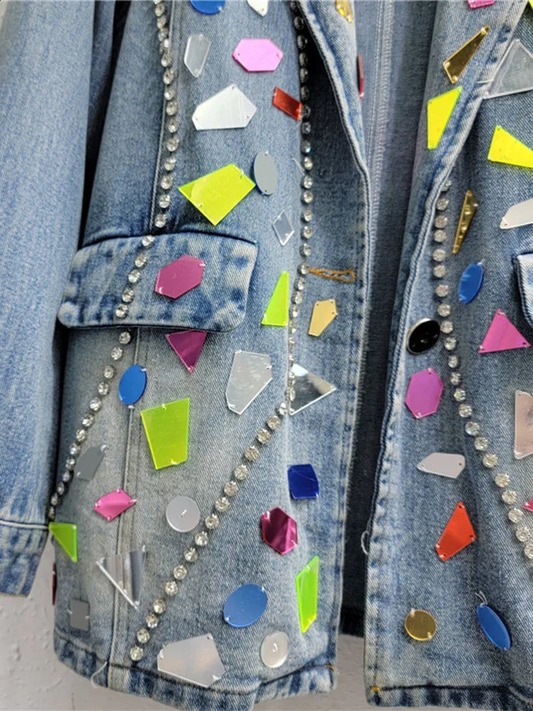 EWQ Colorful Handmade Washed Diamond Inlaid Denim Jackets For Women Fashionable Loose Outerwear Coat Spring Autumn 6U8767 241223