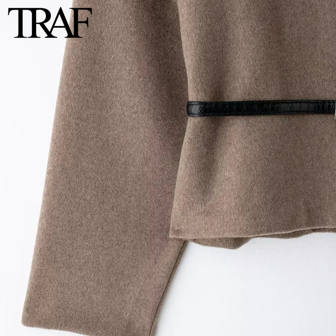 TRAF Jacket For Women Fashion 2024 Autumn Winter New Solid Color Belt Soft Long Sleeved V-Neck Short Coats Chic Ladies Tops