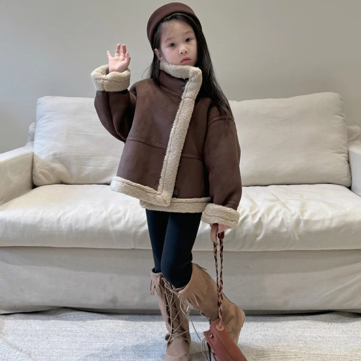 Kids Top Autumn Winter Thick Motorcycle Jacket Children Solid Fur Top Kid Outerwear Long Sleeve Coats Leather Clothing 241223