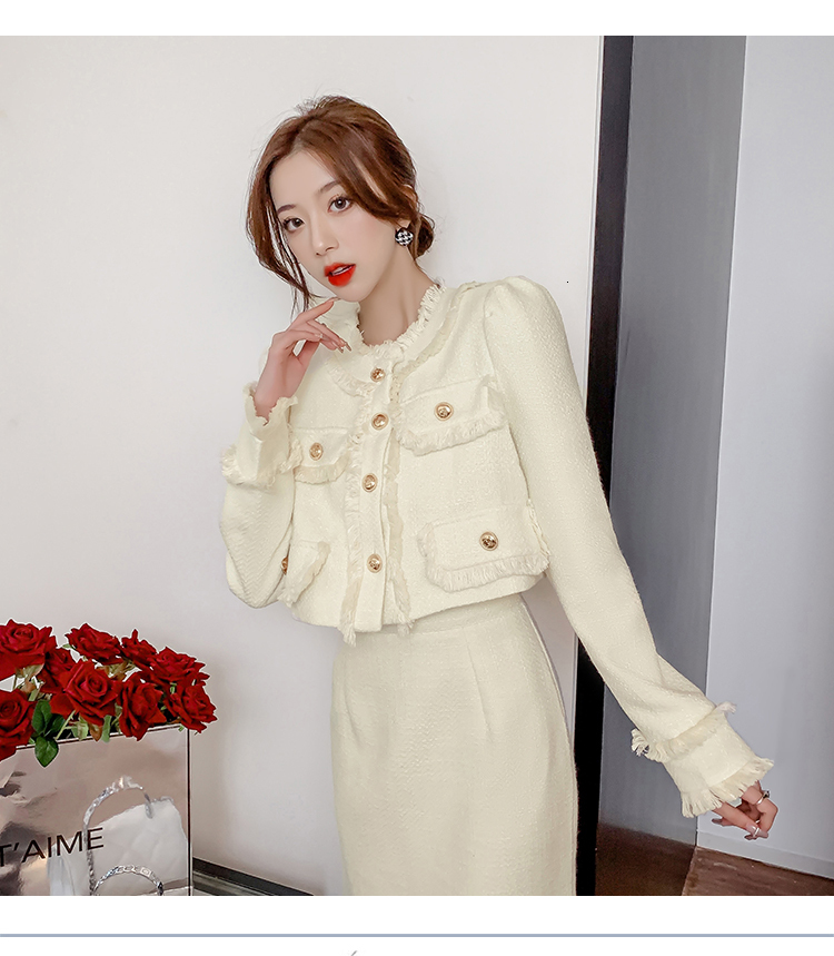 High Quality Female Elegant Suits New Fall Winter Tassel Tweed 2 Piece Set Women Outfits Crop Top+Bodycon Midi Skirt Suit