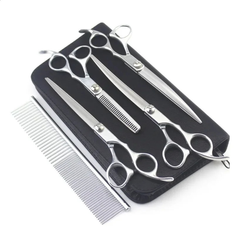 4PCS 7inch Gold Handle Scissors Professional Dog Grooming Hairdressing Shear Scissors Set Curved Scissors kit pet groomer tools 241224