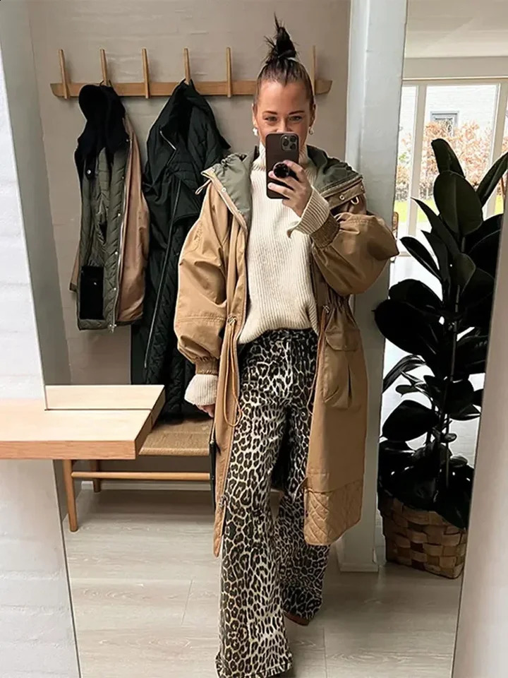 Women Causal Leopard Print Y2k High Waist Pants Baggy Wide Leg Pants Autumn Winter Fashion Vintage Straight Streetwear 241220
