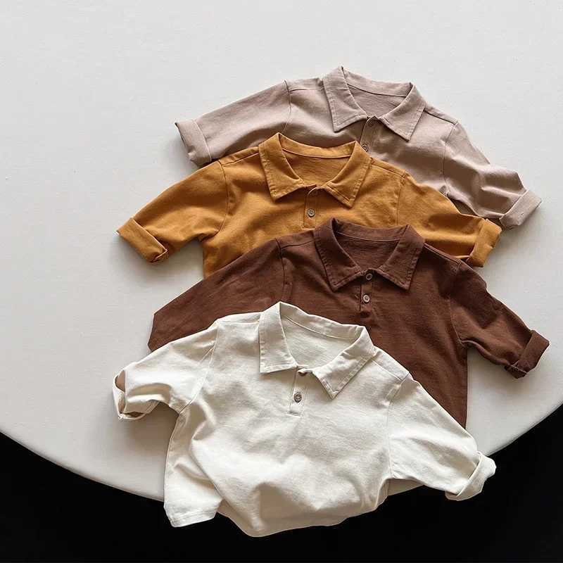 Spring and Autumn Childrens Polo Shirt 1-8Y Boys Cotton Button Solid Day Long Sleeve Top Korean Preschool Clothing Childrens Clothing New W241223