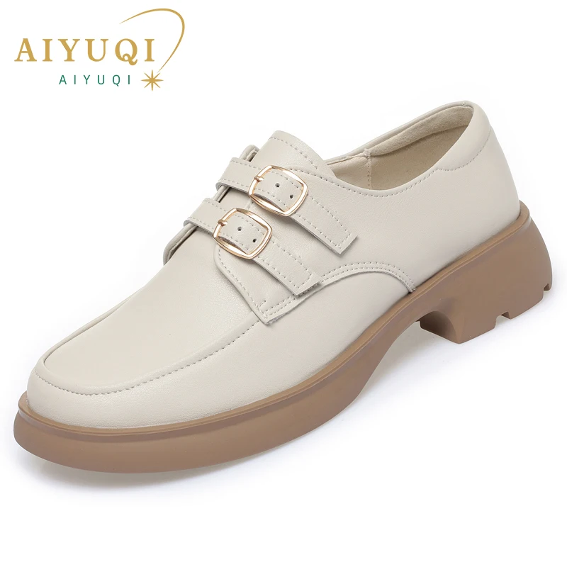 AIYUQI Women Shoes Fur British Style Fall Genuine Leather Women Loafer Shoes Retro Mid-heel Women Shoes