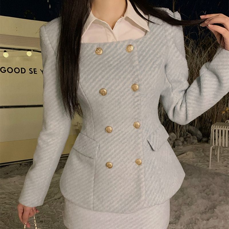 Autumn/Winter Socialite Sweet Girl Set Square Neck Slim Wool Coat Wrap Hip Short Skirt Two Piece Sets Women Outfits