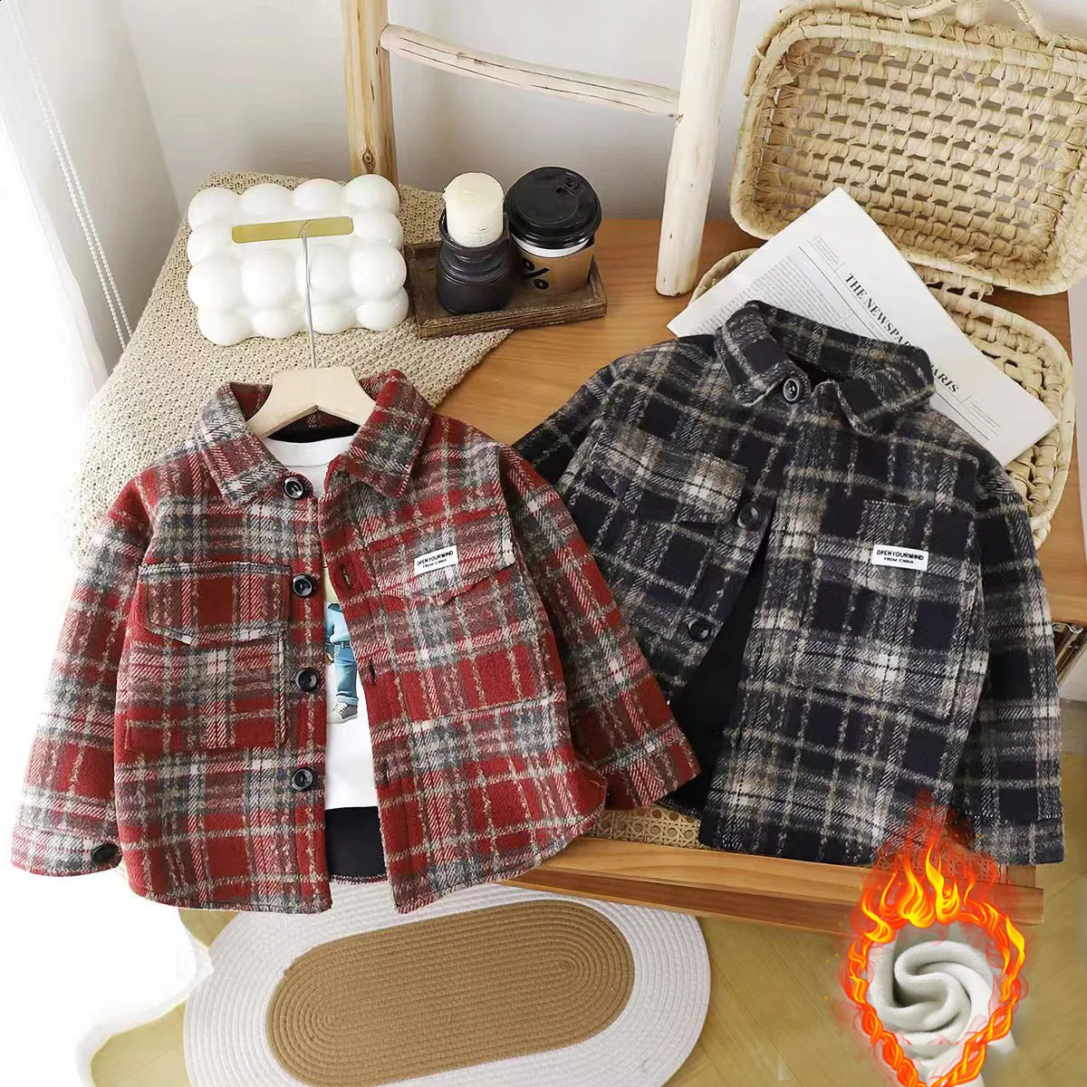Autumn Winter Children Boys Overcoat Turndown Collar Single Breasted Kid Girls Plaid Coat Thicken Velvet Warm 1-12Y Girls Jacket 241223