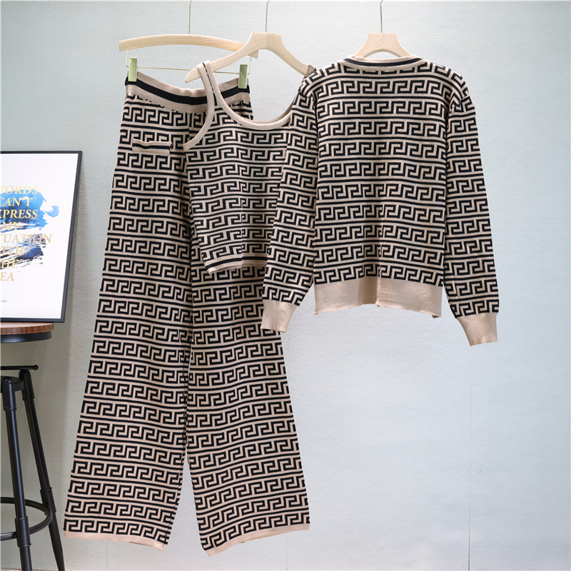 new New Spring Autumn Elegant Casual Three-Piece Women's Fashion Houndstooth Printed Tight Plaid Vest+Trousers 3 Piece Set