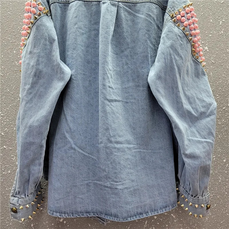 Spring Women Blue Denim Shirt Jacket Rivet Pearl Beaded Heart Pattern Casual Loose Long Sleeve Jeans Jackets Female Streetwear 241223