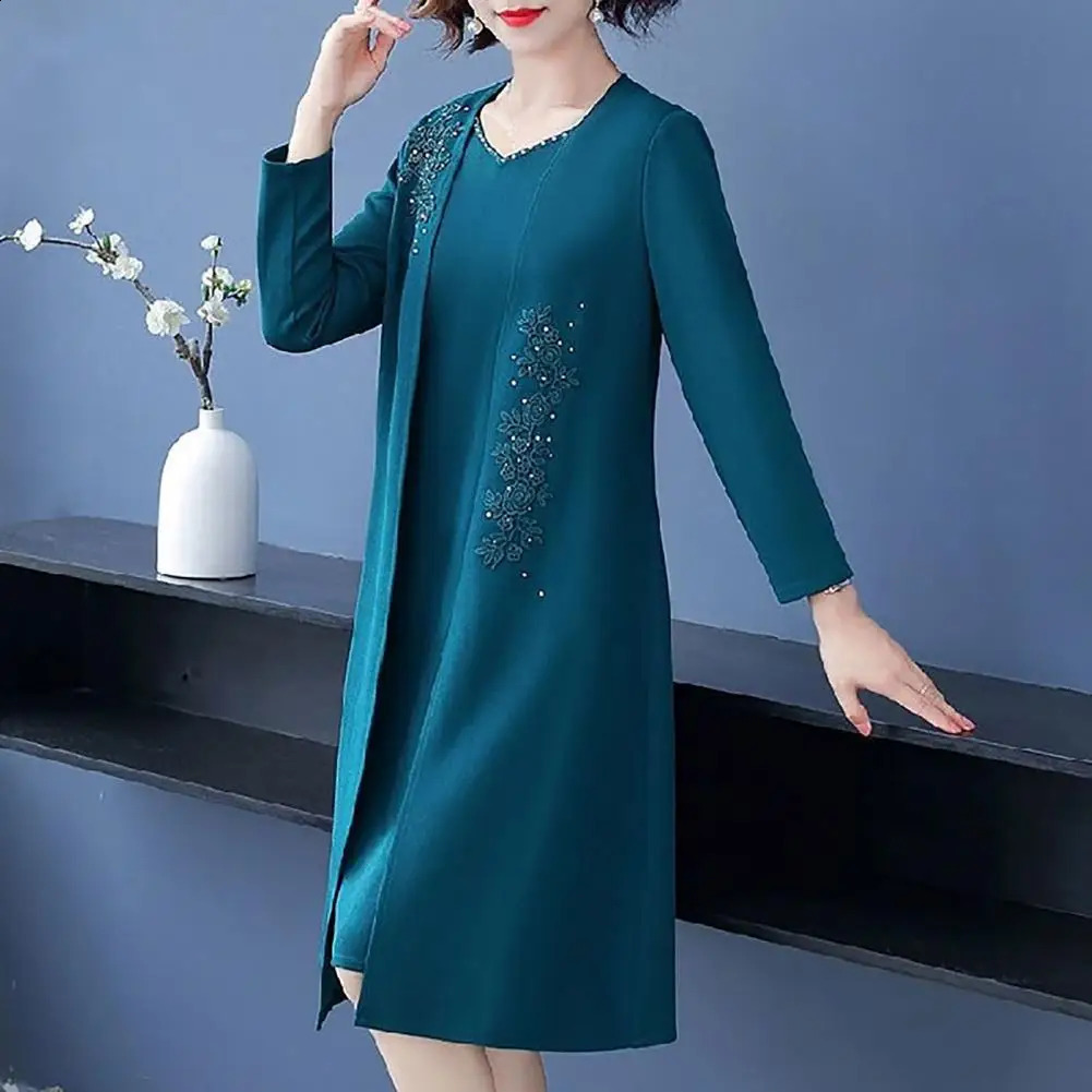 2pcsSet Womens Coat Dress Set Long Sleeve Flower Embroidered Solid Color V Neck Formal Elegant 241220
