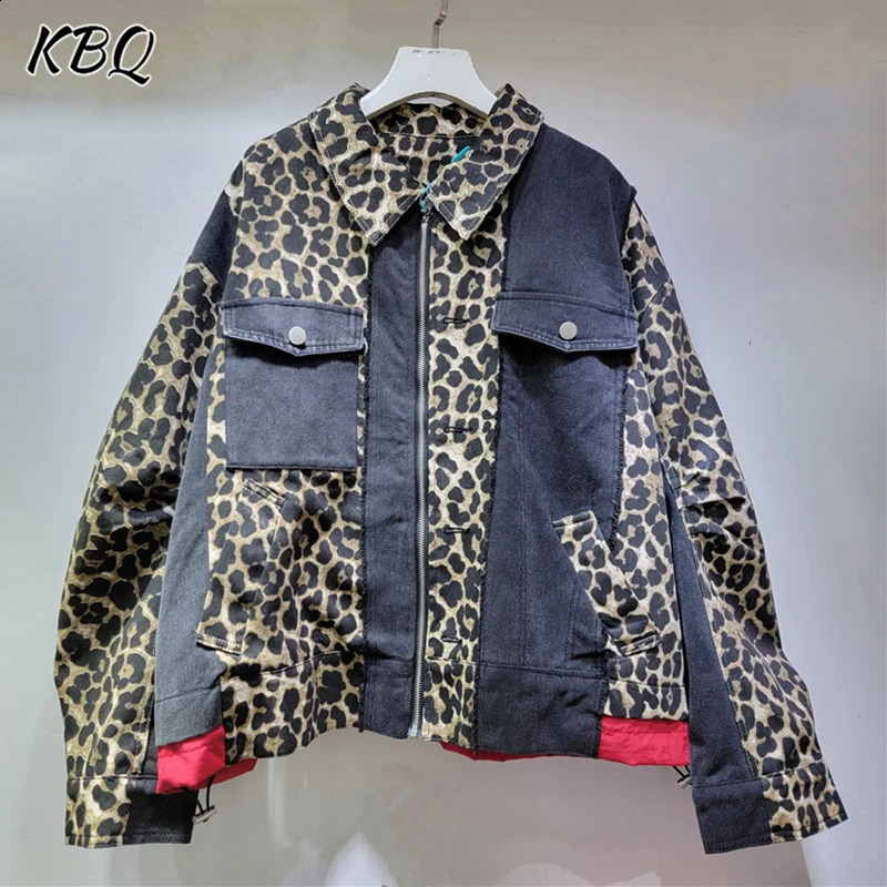 KBQ Leopard Printting Denim Jackets For Women Lapel Long Sleeve Patchwork Zipper Minimalist Chic Coats Female Fashion Clothes 241223