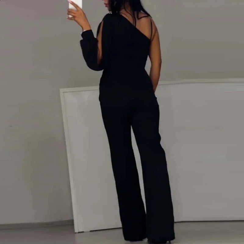 Sexy One-shoulder Backless Party Jumpsuit Women Spring Elegant High Waist Straight Romper Fall Hollow Mesh Flare Pants Playsuits 241224