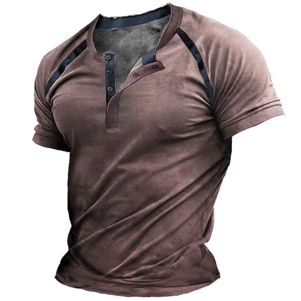 Henley mens summer pattern button plain 3D printed street retro casual short sleeved clothing oversized street clothing W241223