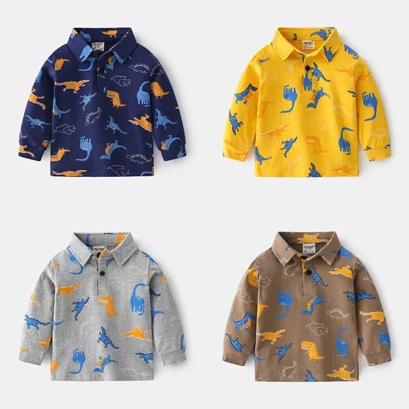 Boys polo shirt with dinosaur print for autumn and spring childrens casual wear for 3 4 5 6 7 8 and 9 years old cotton long sleeved top for children W