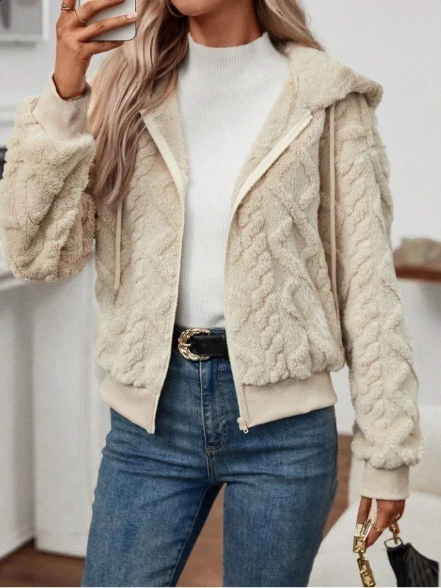 Plush Womens Coat Cardigan Zipper Hooded Short Jacket 241218