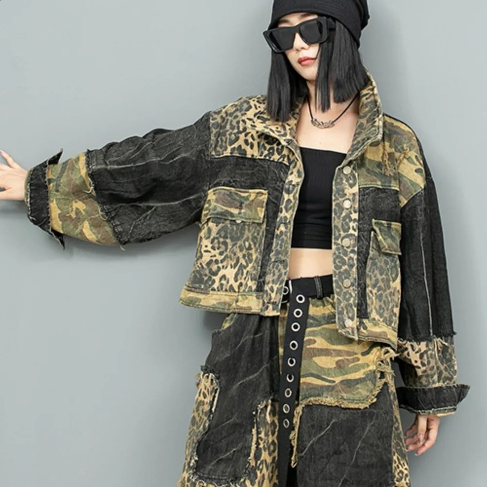 Early Autumn Leopard Print Patchwork Long Sleeved Denim Jacket Women LX1901 241223