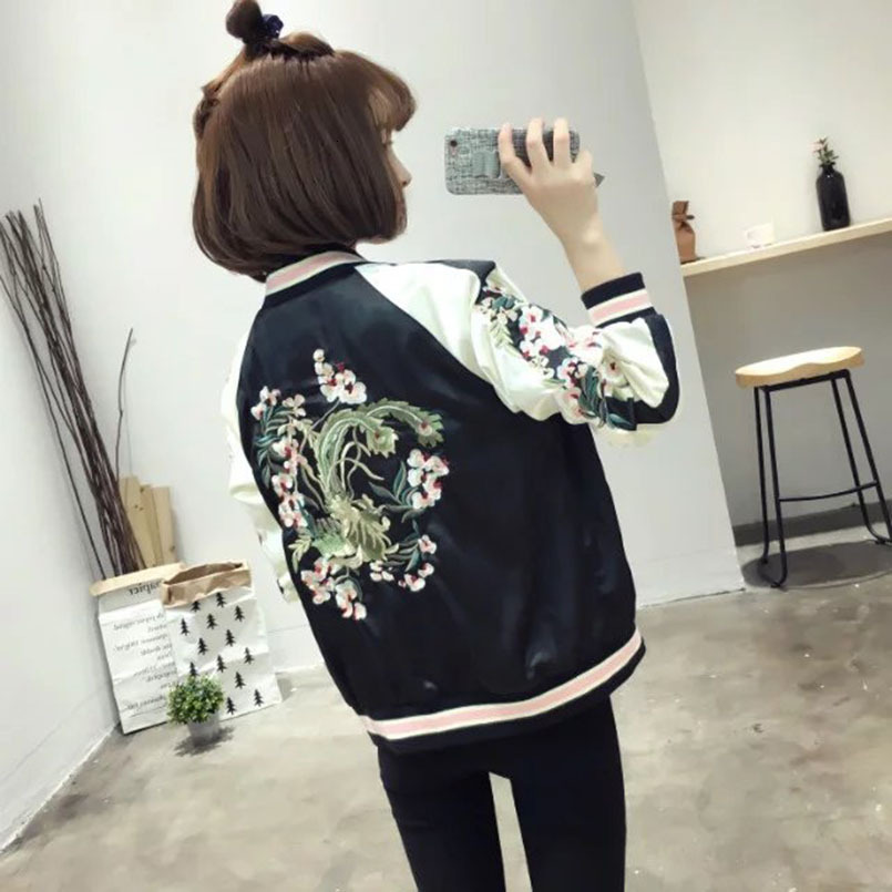 Women's Satin Embroidered Bomber Baseball Jacket Double Sided Female Coat Autumn Japanese Silk Girls