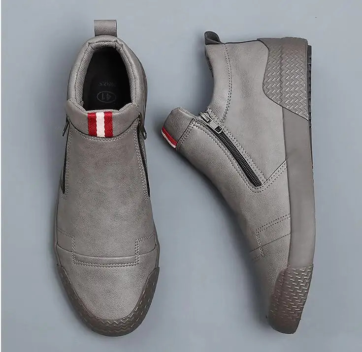New Men Leather Casual Spring Autumn Fashion Double Zipper Trend High Tops Flat Shoes Cool Loafers Man Winter Boots