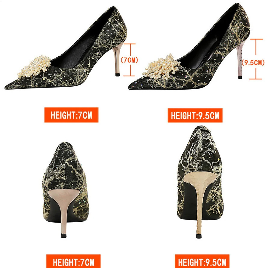 BIGTREE Shoes Pearl Flower Womens Pump Rhinestone High Heels Womens Fine High Heels Large Size Womens Pump 241223