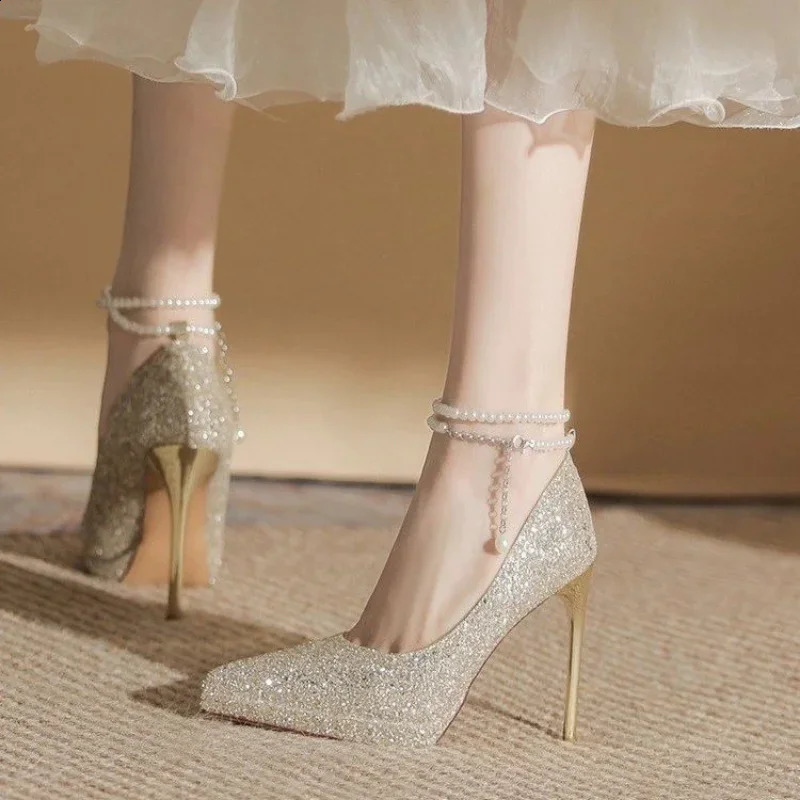 Womens Wedding Crystal Glitter Pump Womens Party Sparkling High Heels Womens High Heels Pearl Chain Shoes 241223