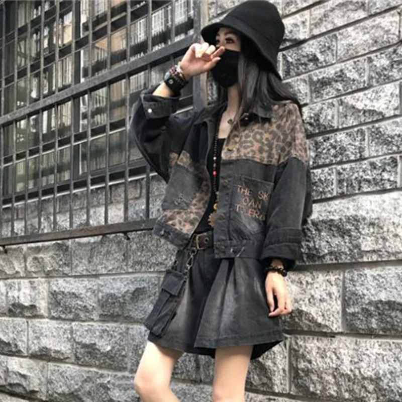 Woman Jean Coat Outerwear Small Leopard Black Denim Jacket for Women with Print Graphic Biker Short Crop Arrivals Trend 241223
