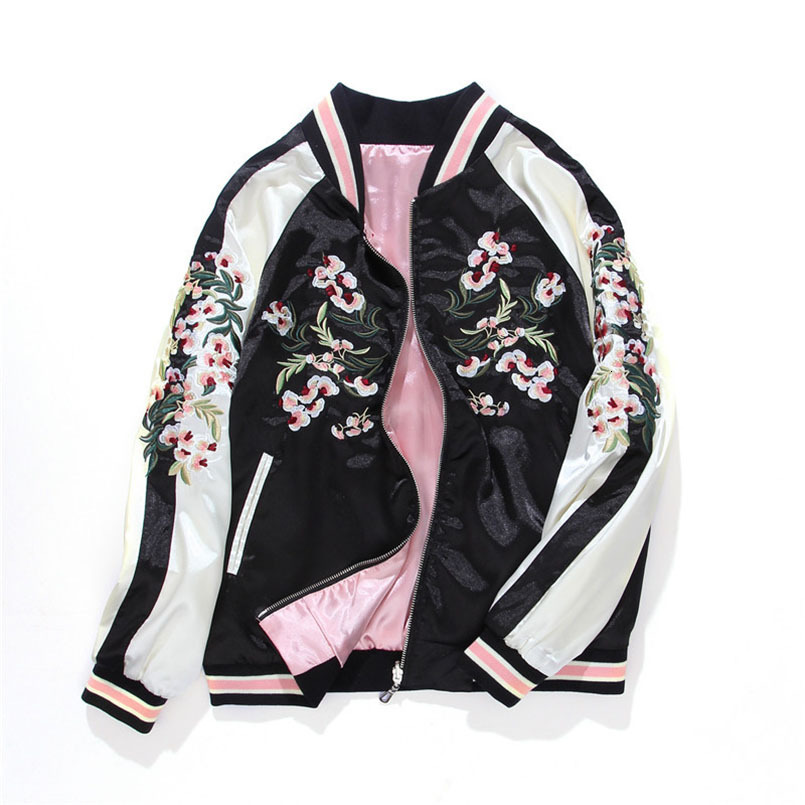 Women's Satin Embroidered Bomber Baseball Jacket Double Sided Female Coat Autumn Japanese Silk Girls