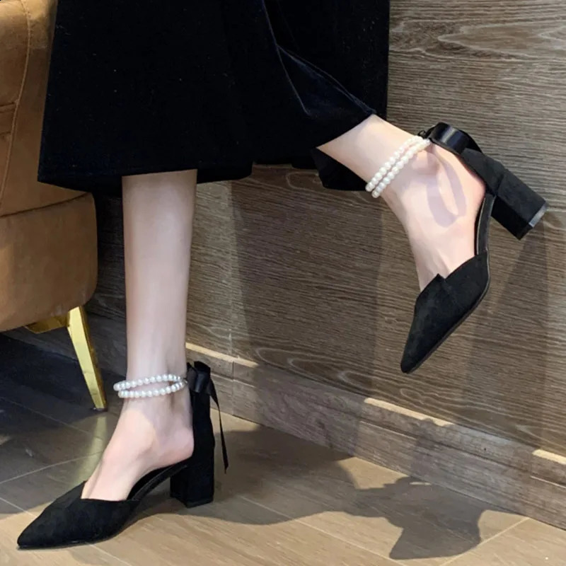 Rimocy Pearl Belt Square High Heels Pump Womens Fashion Pointed Toe Party Shoes Womens Elastic Lace Shallow Shoes Womens 241223
