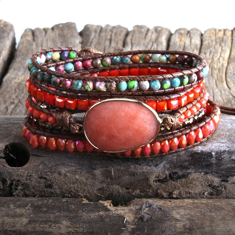 RH Fashion Leather Boho Armbander Green Mixed Natural Stones Charm 5 Strands Beaded Wrap Bracelets Drop241224