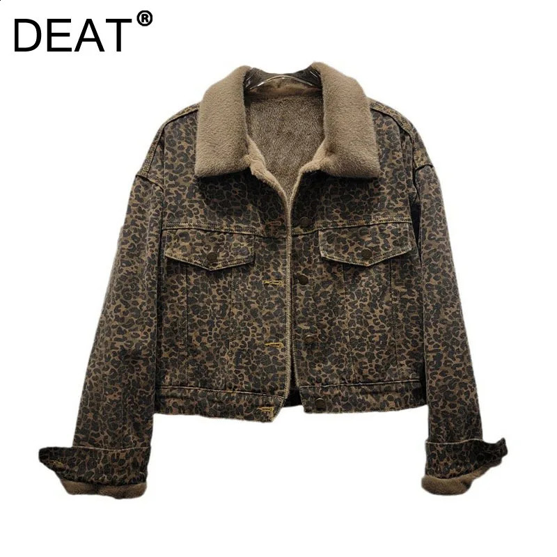 DEAT Womens Denim Coat Plush Thick Leopard Printed Mink Fur Single Breasted Jackets 2025 Fashion Spring 11A01450 241223