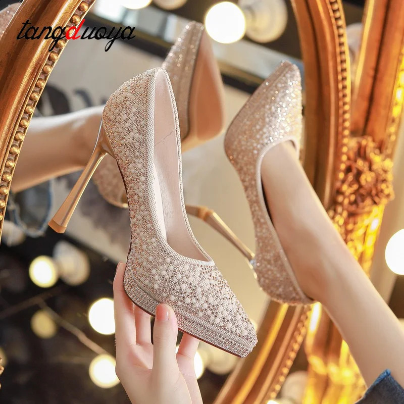 Pearl Sparkling Wedding Shoes for Women Spring er High Heels Pump Womens Thin High Heels Party Shoes Beige Silver 241223