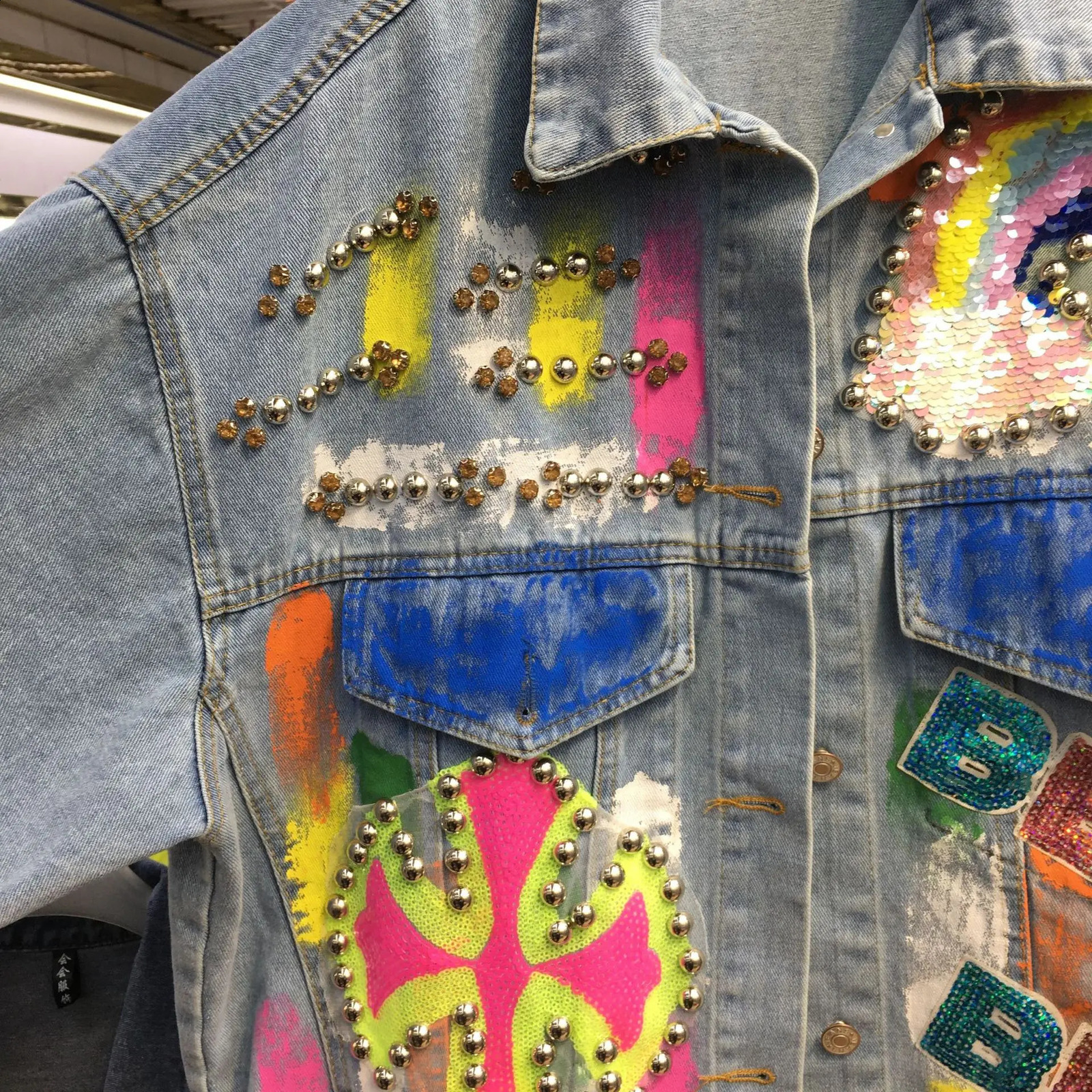Spring Autumn Long Sleeve Women Denim Jacket Multi Sequins Beads Loose Cardigans Coat Colored Drawing Casual Outwear 241223